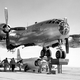 The X-1 is loaded under its Boeing B-50 Stratofortress mothership. Later, a pit was dug so the mothership could roll over top, rather than having to be jacked up. (NASA)